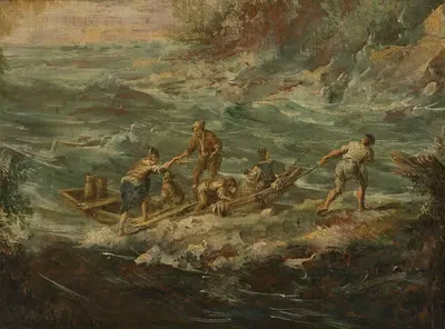 A Mediterranean landscape with figures boarding a boat in choppy seas by Antonio Francesco Peruzzini — digital art print…