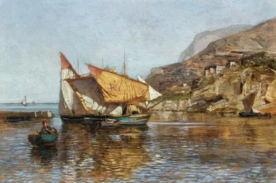 A Coastal Landscape with Fishing Boats by Carl Moll, 1890 — digital art print download