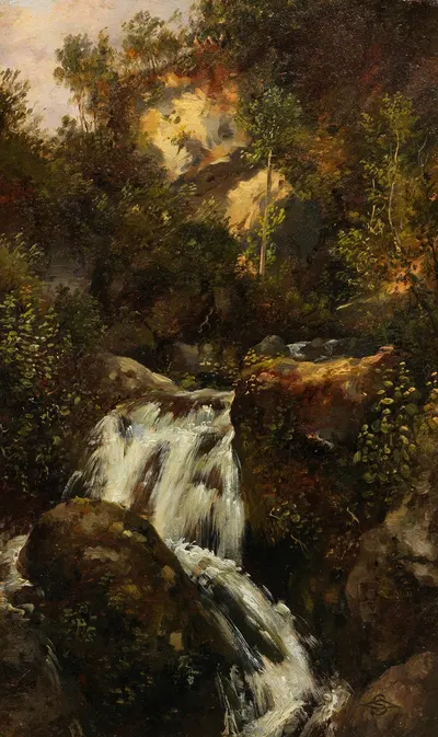 Исследование скалы с водопадом (падающий горный поток, окруженный деревьями) by Карл Спицвег, 1830-1832 — digital art print…