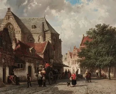 Горожане на церковной площади в Утрехте by Корнелис Спрингер, 1857 — digital art print download