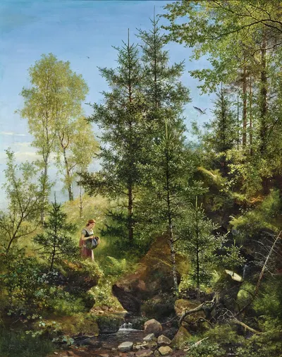 A Berry Picker by a Forest Brook, a Stork between the Trees by Eduard Leonhardi — digital art print download