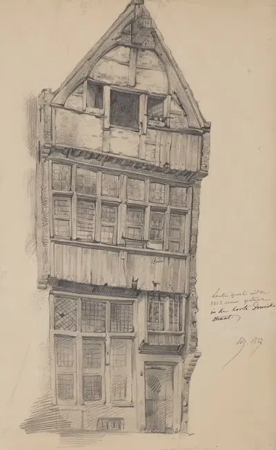 Деревянный фасад на улице Корте Дорник, Антверпен by Эдвард Дюжарден, 1837 — digital art print download