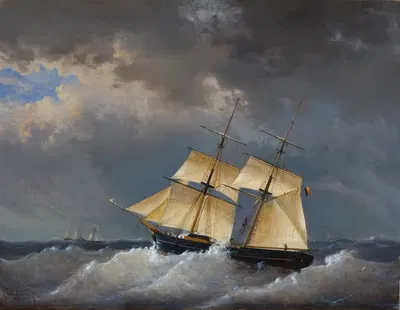 De brik 'Courier' op wilde zee by Egide Linnig, 1855 — digital art print download