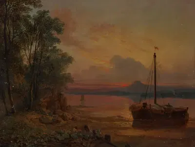 An estuary at sunset with a moored fishing boat in the foreground by Francis Danby — digital art print download
