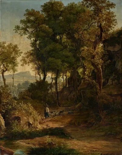 Shepherd with his flock on a wooded path by Friedrich Salathé, 1821 — digital art print download