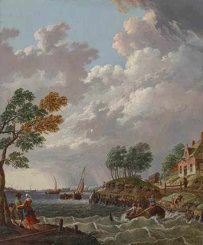 A river landscape in a storm, with sailing vessels and a rowing boat in choppy waters, a rainbow in the distance by Hendrik…
