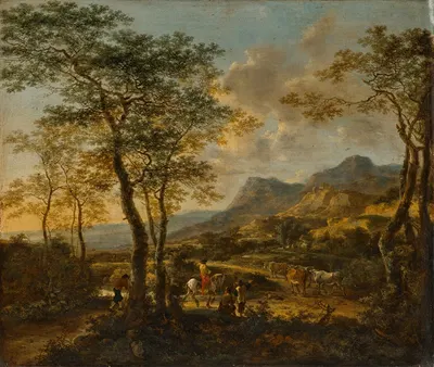 Extensive Italianate landscape with a traveler and drovers on a road, a farmhouse and a village beyond by Jan Both —…