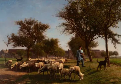 Пастух с собаками, пасущими его стадо by Жан Фердинанд Шеньо, 1865 — digital art print download