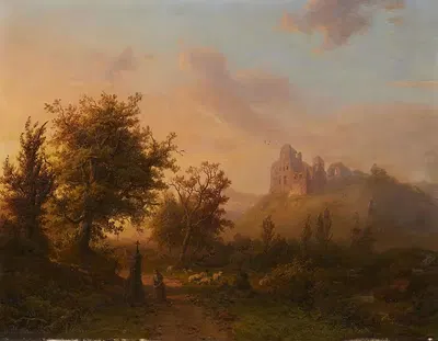 Landschaft mit Burgruine und einer Hirtin im Gebet by Johann Bernhard Klombeck — digital art print download