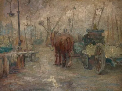 Havengezicht met natiewagen, paarden en havenkraan by Jozef Mous, 1896 — digital art print download