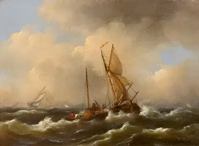 Парусные корабли на бурном море by Петрус Иоганнес Шотель — digital art print download