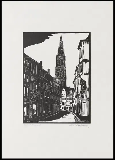 Oude Korenmarkt (te Antwerpen, met een zicht op de toren van de kathedraal) by C. Marstboom — digital art print download