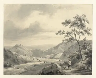 Холмистый пейзаж с охотником и собакой в пути by Пьер Луи Дюбурк, 1838 — digital art print download