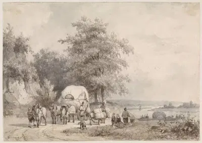 Пейзаж с сенокосной телегой by Пьер Луи Дюбурк, 1836 — digital art print download