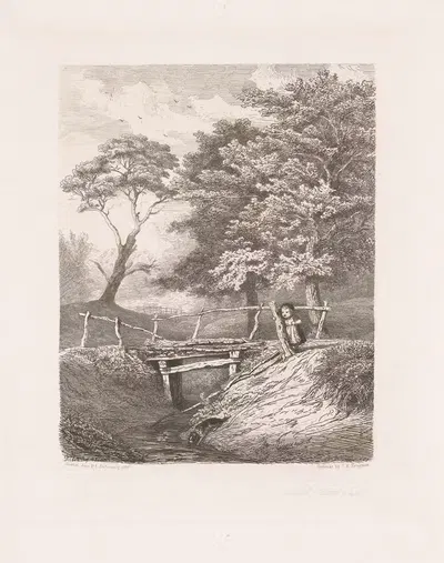 Девочка с собакой у деревянного моста by Пьер Луи Дюбурк, 1856 — digital art print download