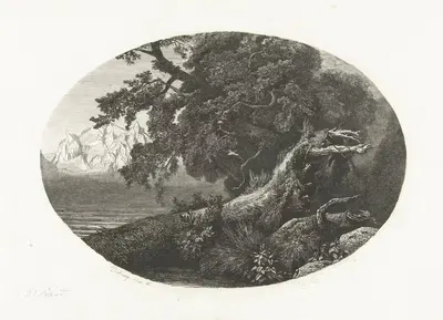 Выкорчеванный ствол дерева на берегу by Пьер Луи Дюбурк, 1854-1856 — digital art print download