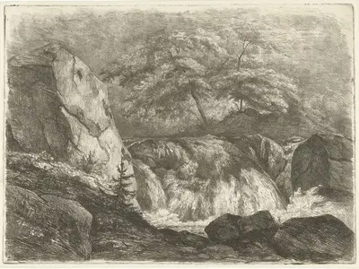 Красный пейзаж с водопадом by Пьер Луи Дюбурк, 1830-1858 — digital art print download