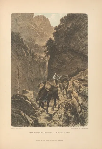 G. Roux – Packhorses Traversing a Mountain Pass by Theodor Gsell Fels, 1881 — digital art print download