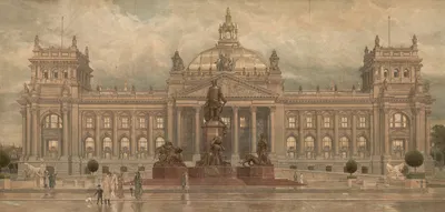 Reichstagsgebäude und Bismarckdenkmal in Berlin. by Josef Klemm — digital art print download