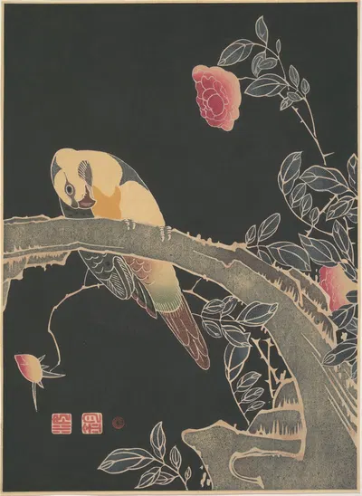 Parrot on the Branch of a Flowering Rose Bush by Itō Jakuchū — digital art print download