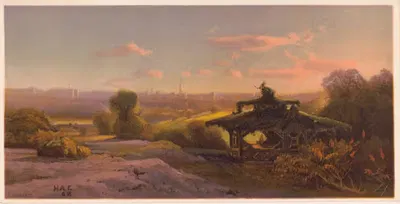 Виды Центрального парка. № 3 Деревенский летний дом и город (вечер) by Генри Август Фергюсон, 1869 — digital art print…