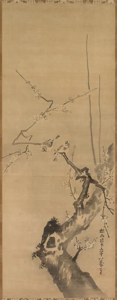 Sparrows on Blossoming Plum; A Sage with Tiger; Chinese Bird on Snow-Laden Branch by Канно Танью, 1661 — digital art print…