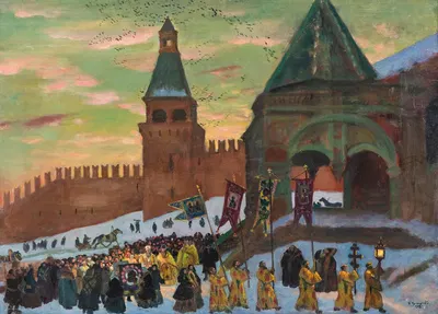Procession by St Basil's Cathedral, Moscow by Boris Kustodiev, 1921 — digital art print download