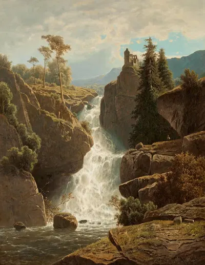 Mountain Landscape with Ruins Above a Waterfall by Adolf Chwala — digital art print download