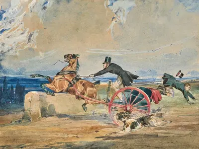 Лошадь в упряжке, уходит в галоп, собака и два всадника by Альфред Де Дрю — digital art print download