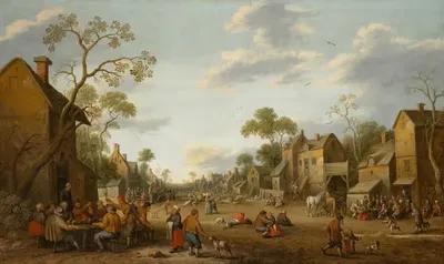 A village with figures gathered in the street eating, drinking and embracing by Йост Корнелисз Друхслот — digital art print…