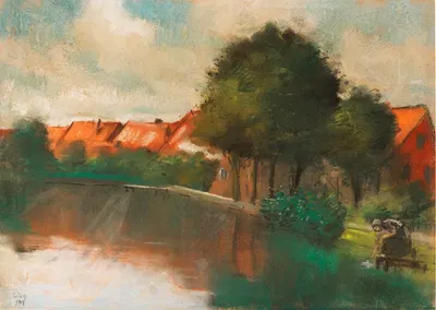 Голландская деревня с женщиной, стирающей белье by Лессер Ури, 1913 — digital art print download