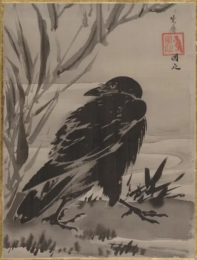 Crow and Reeds by a Stream by Каванабэ Кёсай — digital art print download