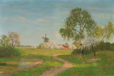 Весенний день в Ахренхопе. Мельница за цветущими фруктовыми деревьями by Пауль Мюллер-Кемпфф — digital art print download