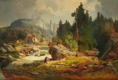 Кавказский пейзаж с пилорамой на реке by Пауль фон Франкен, 1862 — digital art print download