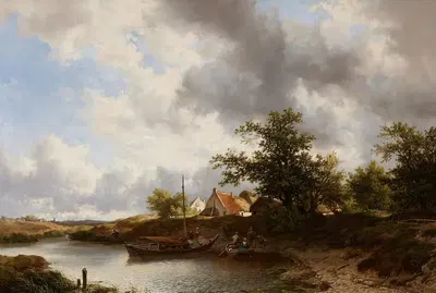 Anlegende Boote bei einem Dorf am Fluss by Remigius Adrianus Haanen — digital art print download