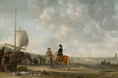 A beach scene with horsemen and fishermen with their catch by Simon de Vlieger — digital art print download