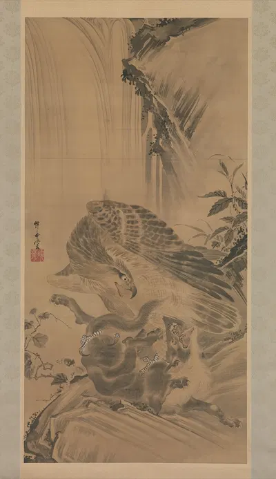 Eagle Attacking a Mountain Lion by Каванабэ Кёсай, 1885 — digital art print download
