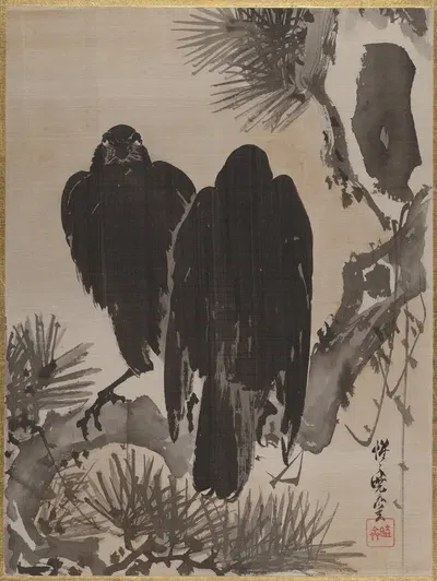 Two Crows on a Pine Branch by Каванабэ Кёсай — digital art print download