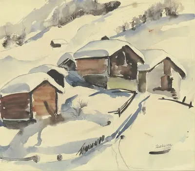 Verschneite Hütten bei Zermatt by Вольф Рёрихт, 1928 — digital art print download