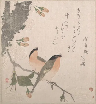 Bullfinches and Cherry Blossoms by Кубо Сюнман — digital art print download