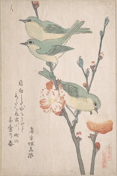 Japanese White-eyes on a Branch of Peach Tree by Кубо Сюнман — digital art print download