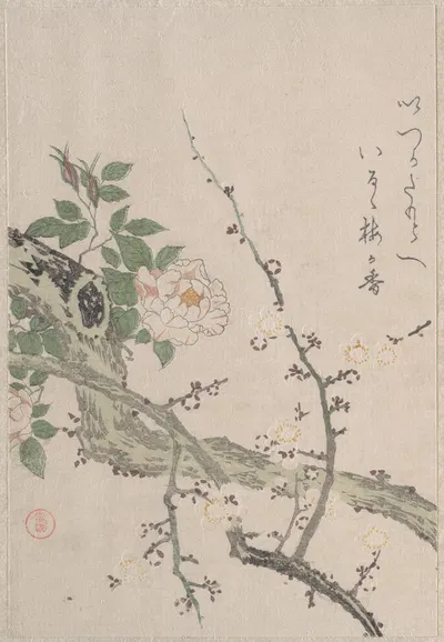 Roses and Plum Blossoms by Кубо Сюнман — digital art print download