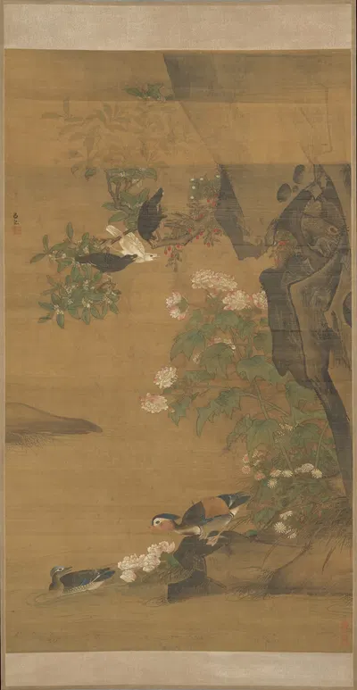 Mandarin ducks and cotton rose hibiscus by Lü Ji — digital art print download