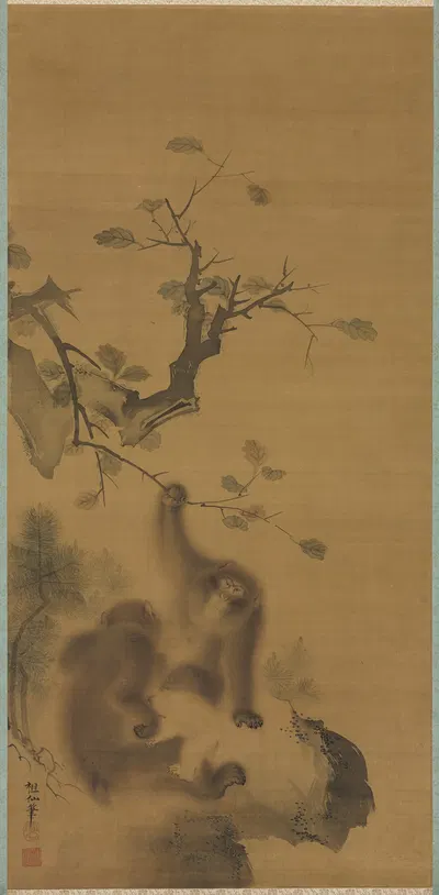 Monkeys on a Rock Ledge by Mori Sosen — digital art print download