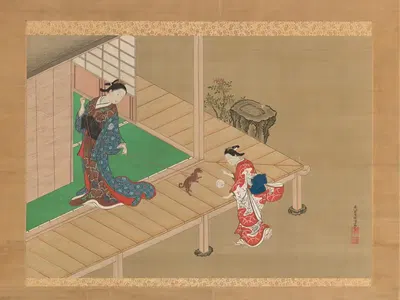 Courtesan and Attendant Playing with a Dog by Nishikawa Sukenobu — digital art print download