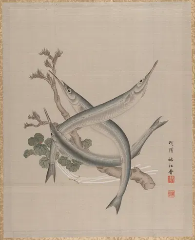 Three Fishes and a Branch by Сэки Сюко — digital art print download