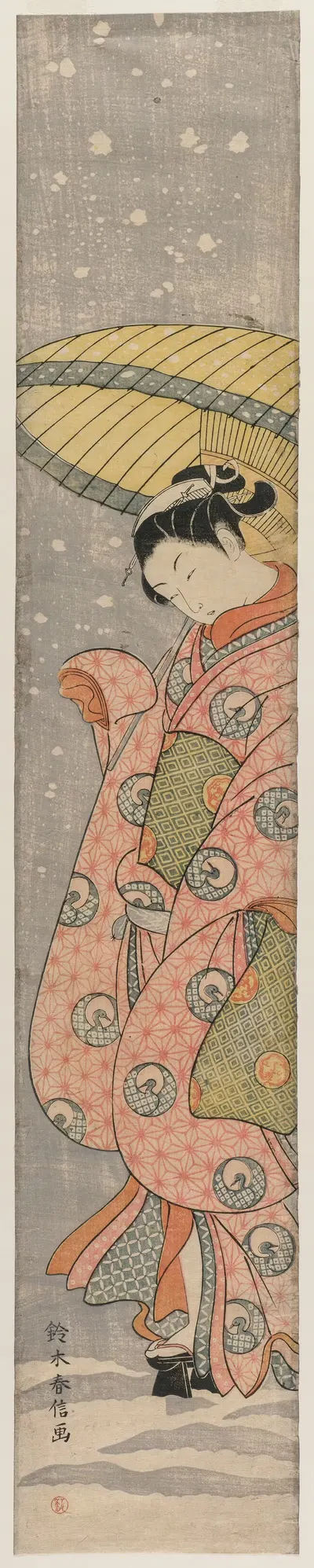 Young Woman Standing Under an Umbrella in the Snow by Suzuki Harunobu — digital art print download