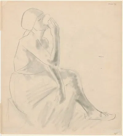 Sitting girl, drinking from a bowl by Арман Рассенфос — digital art print download