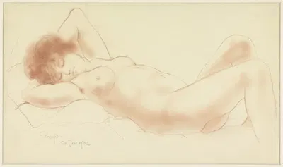 Reclining naked woman, arms under head by Арман Рассенфос, 1932 — digital art print download