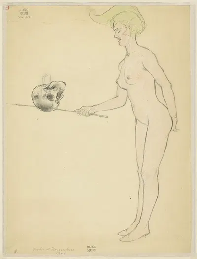 Standing naked woman with a stick and a skull by Арман Рассенфос — digital art print download